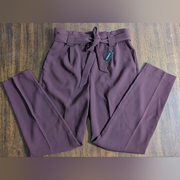 NWT Express Women's High Rise Tie Belt Burgundy Maroon Ankle Pants, Size 8R - Picture 1 of 12